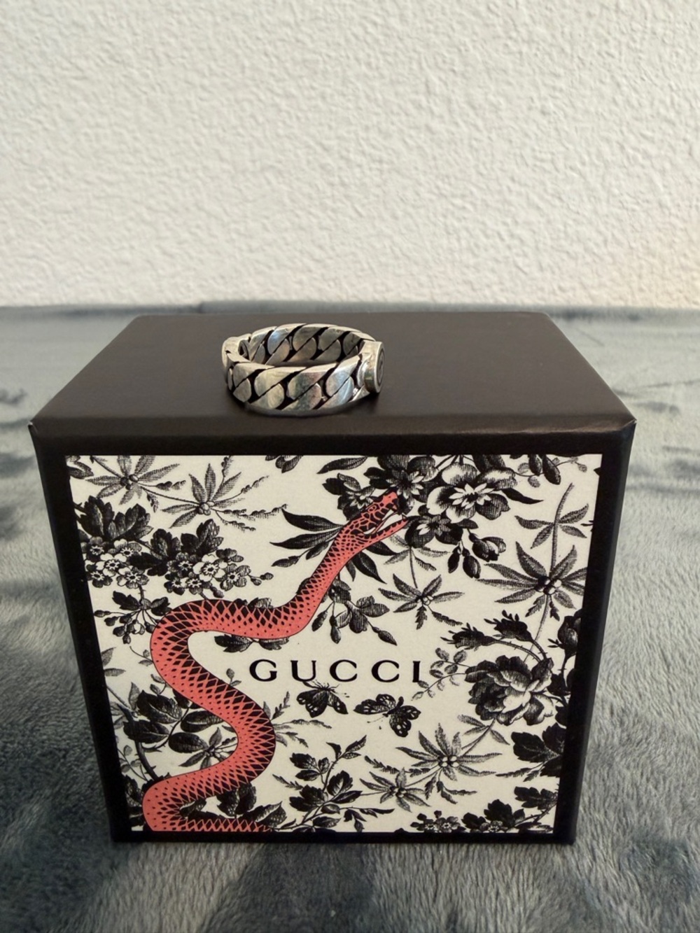 NWT Gucci Interlocking G Gourmette Chain Ring Silver Black Enamel Sz 23 US 10.25 - Picture 4 of 8